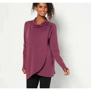zuda Z-Knit Drape Shoulder Wrap Cardigan with Snaps Eggplant Large Minimalist Co